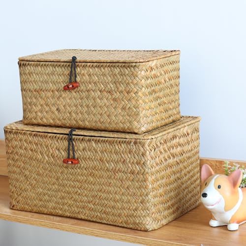 Moosky Wicker Shelf Baskets with Lid,Natural Seagrass Storage Basket Boxes Handwoven Rectangular Baskets Bins Multipurpose Home Organizer Decor (Medium)