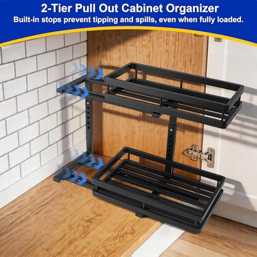 2-Tier Metal L-Shaped Pull-Out Under Sink Organizer, Black, 2 Pack | 2 complete sets; ball-bearing slides; 6-level height; no-drill setup