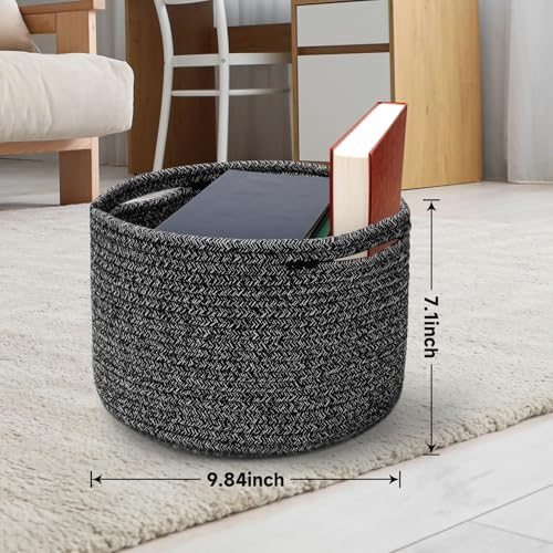 3 Pack Small Rope Storage Baskets, 9.82×9.82×7.1", Black | Cotton Basket for Gifts Empty, Cute Round Woven Basket, Decorative Shelf Basket Organizer, Organizing Basket for Shelves