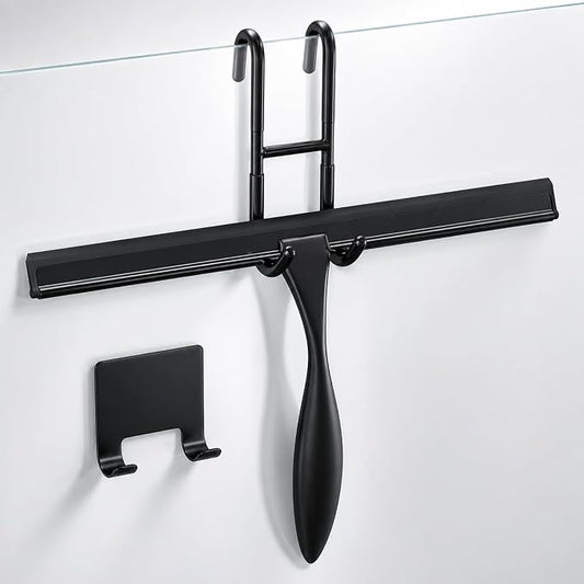 Stainless Steel Shower Squeegee, Glass, Silicone, 12 Inch (Black) | Shower Door Squeegee with Silicone Blade, Adhesive & Hanging Hooks for Mirror, Tile, Window, Car, Multi-Surface Everyday Use