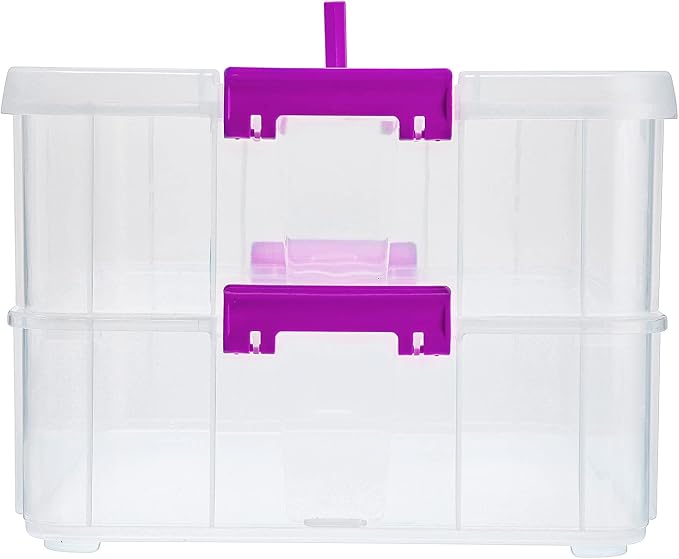 BTSKY 2 Layer Stack & Carry Box, Plastic Storage Container Box with Lid | Multipurpose Craft Organizers and Storage for Organizing Stationery, Sewing, Art Craft, Jewelry & Beauty Supplies, Purple