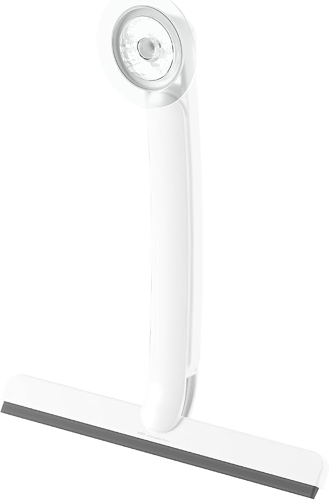 Umbra Flex Adhesive Shower Squeegee, Extendable Handle, 16-Inch, White | Rust-proof silicone blade, non-damaging wall installation, fits tiles and drywall, streak-free results, recycled plastic