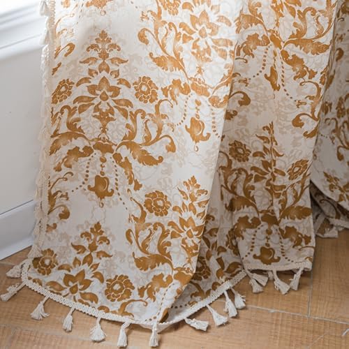 Sutuo Home Boho Curtains 84 Inches Length for Bedroom Living Room, Printed Moroccan Cotton Linen Rod Pocket Rustic Farmhouse Bohemian Tassels Window Treatment, 1 Panel 59" W x 84" L, Brown Damask