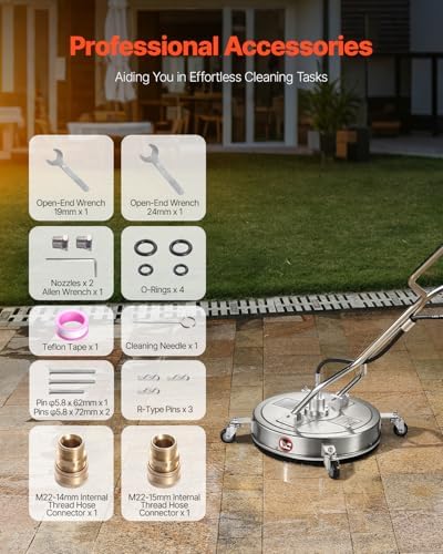 VEVOR 20 Inch Pressure Washer Surface Cleaner, 4000 PSI Stainless Steel Attachment with 4 Wheels, 2 Nozzles, 3/8 Inch Quick Connect and Dual Handle for Concrete, Patio, Sidewalk