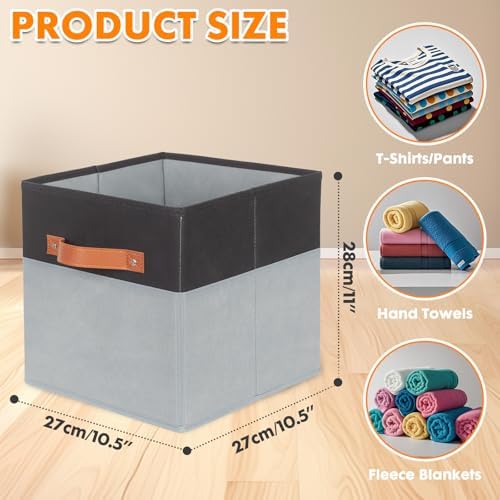 ShellKingdom Storage Bins, Two-Tone Foldable Fabric Storage Cubes with Leather Handle for Closet Toys Clothes Storage Organizer Drawer, 10.5 X 10.5 X 11 inch, 2 Pack (Black/Grey)