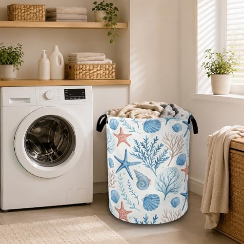 Summer Seashells Coral Waterproof Laundry Basket with Handles, Foldable Clothes Hamper, Large Capacity Laundry Organizer Bin for Bedroom Bathroom Dorm Room
