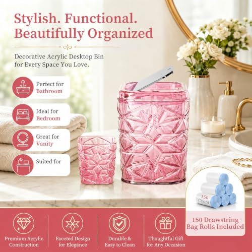2-Piece Snowflake-Textured Acrylic Trash Can Set with 150 Drawstring Bags, 4 Gallon Sliver Press-Lid Wastebasket and Small Open-Top Desktop Bin for Bathroom, Bedroom, Office, Pink