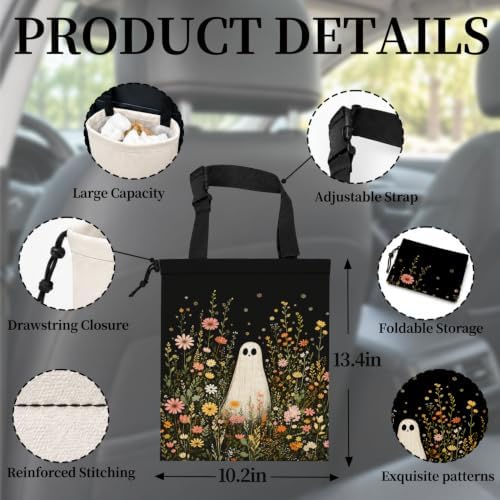 Halloween Ghost Wildflower Car Garbage Bag Canvas Trash Can | Cottagecore Floral Halloween Drawstring Car Trash Bag Hanging for Back Seat with Adjustable Buckle