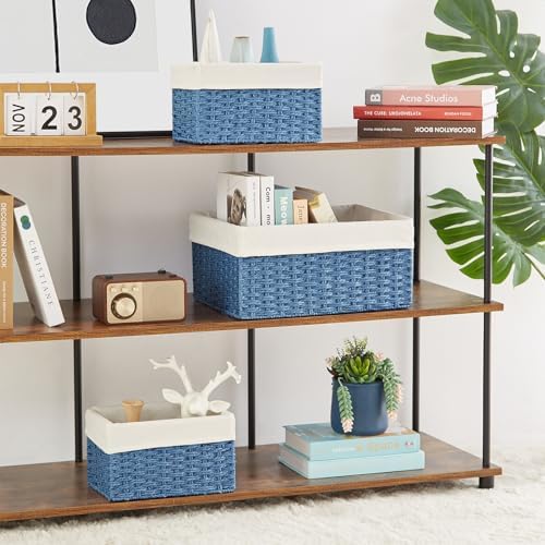Vagusicc Wicker Basket, Set of 3 Hand-woven Storage Baskets for Organizing, Rectangle Wicker Storage Basket Bins with Handles, Small Toilet Paper Storage Baskets for Shelves & Decor, Blue