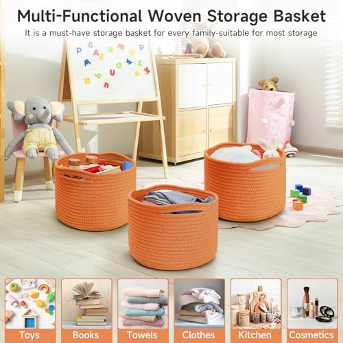 3 Pack Small Rope Storage Baskets, 9.82×9.82×7.1", Orange | Cotton Basket for Gifts Empty, Cute Round Woven Basket, Decorative Shelf Basket Organizer, Organizing Basket for Shelves