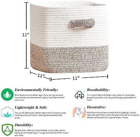 R RUNKA Storage Cube Baskets 3-Pack - 11 inch Square Baskets, Closet & Shelves Organizers - Woven & Drawer Storage - Ideal for Toys | White & Beige