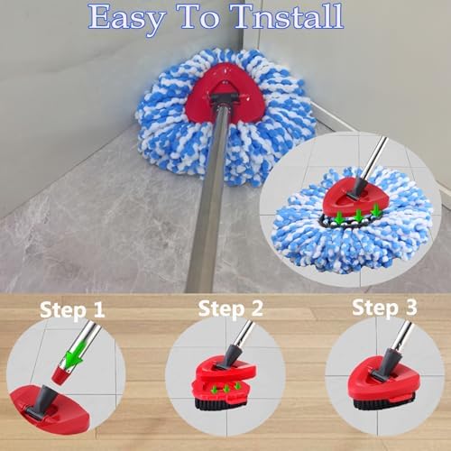 RinseClean Spin Mop Heads Replacement Mop Scrub Brush Compatible with O Cedar RinseClean 2 Tank System, 3 Pack Microfiber Refills, 1 Spin Base, 1 Scrubber Head for O-Cedar Rinse Clean Mop