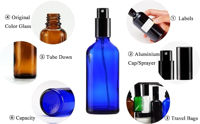 YIZHAO Blue Glass Spray Bottles 4oz, with Small Fine Mist Spray, Metal Cap, Refillable for Essential Oil,Travel,Cleaning,Perfume,Aromatherapy,Makeup – 9 Pcs