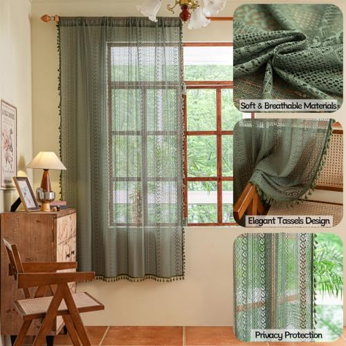 Sutuo Home Boho Curtains for Bedroom Living Room 72 inches Long, Crochet Lace Sheer Bohemian Hollow Knitted with Tassels, Privacy Vintage Farmhouse, Rod Pocket 1 Panel 59" W x 72" L,Olive Green