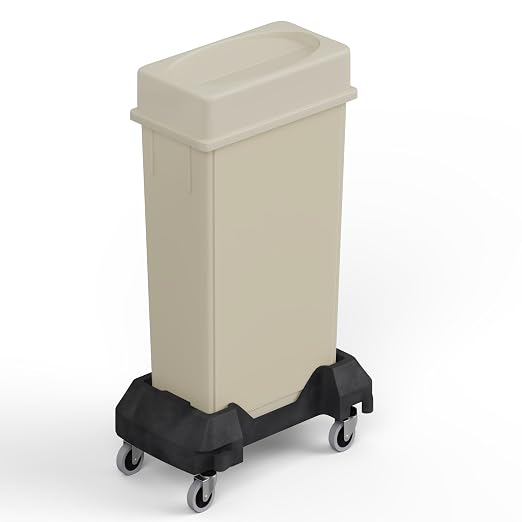 23 Gallon Beige Rectangular Slim Trash Can with Drop Shot Lid and Dolly | Great for Home, Commercial, or Restaurant Use.