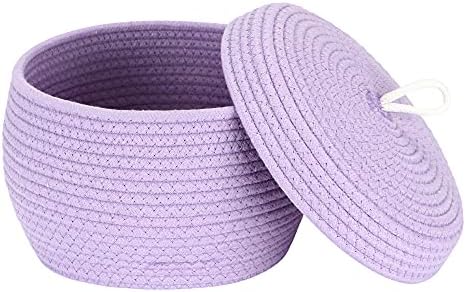 Sea Team Round Woven Cotton Rope Storage Basket with Lid, Lavender | Lidded Knitted Decorative Storage Bin, Pot, Caddy, Organizer, Container for Snacks, Towels, Plants, 10 x 7.5 Inches