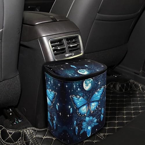 Butterfly Floral and Moon Pattern Car Trash Can with Lid and Zipper Portable Foldable Trash Bin for Car Interior Accessories Multipurpose Garbage Can Bags Storage Organizer