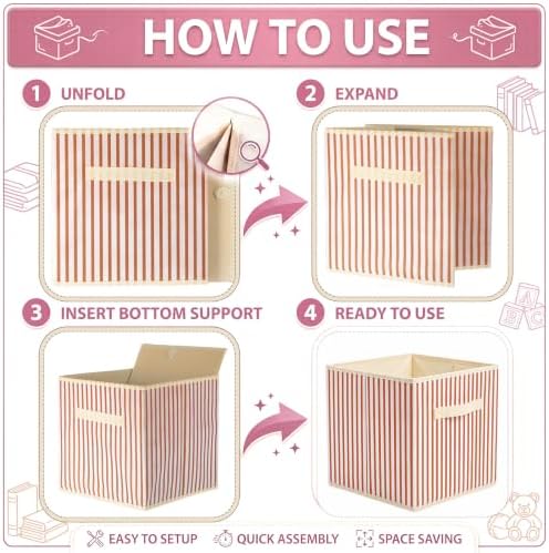 Amyhill 6 Pack Mixed Colors Striped Basics Collapsible Fabric Storage Bins | with Handles, Foldable Storage Cubes, 11 Inch, Closet Decorative Organizer, Baskets for Shelves Units, Home, Dorm