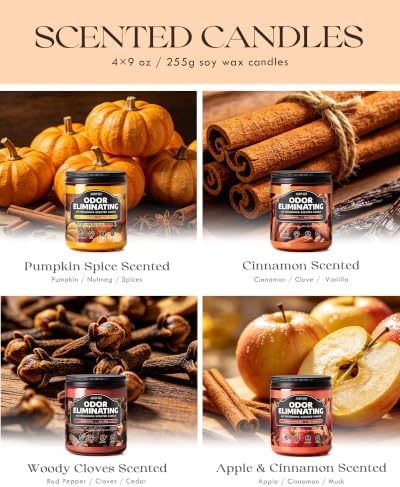 AOOVOO 4 Pack Odor Eliminating Fall Candle Set - Air Freshing Soy Candle | Eliminates 95% of Pet, Smoke, Food, and Other Smells Quickly, Non Toxic, Pumpkin Spice/Apple Cinnamon/Spiced Clove /Cinnamon