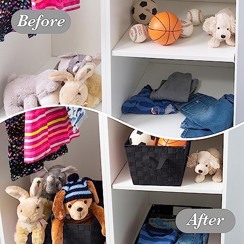 Simplify Small Shelf Woven Strap Tote | Decorative Storage Basket | Built in Handles | Organization | Closet | Bedroom | Bathroom | Nursery | Accessories | Toys | Gifts | 4 Pack | Black