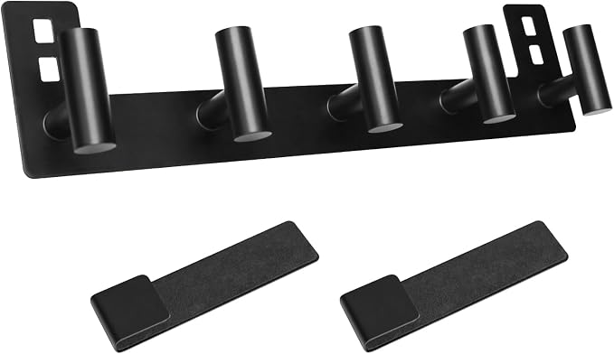 PMMASTO 7.5 Inch Hanger for 3/8 Inch Glass, Black- 5 Hooks, T Shape | Stainless Steel Hooks Organize Towels And Robes on Frameless Glass Shower Doors in Bathrooms