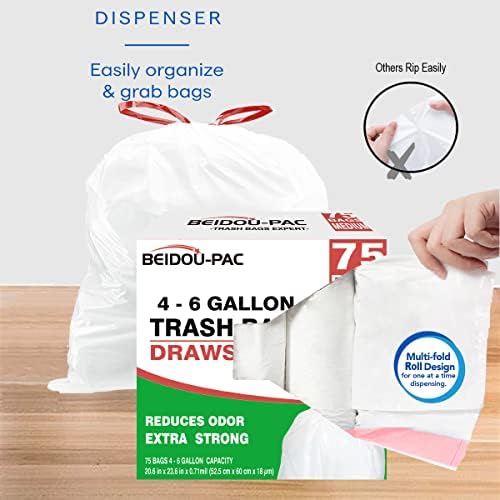 BEIDOU-PAC Trash Bags 4-6 Gallon Drawstring, 75 Count Garbage Bags, Medium Kitchen Trash Bags, Odorless & Heavy Duty White Plastic Food Scrap Bags for Bathroom Bedroom Office Waste