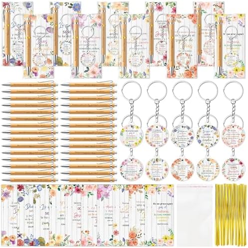 ANGOLIO 230 Spanish Christian Floral Religious Gifts Bulk, Back to School Regalos Bookmarks Cristianos En Español Bible Verse Bamboo Pen Keychain Inspirational Bookmark Gift for Teacher Church Favor
