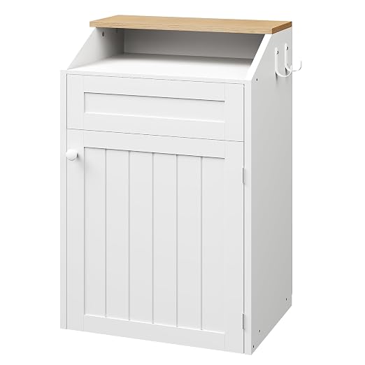 Trash Cabinet, Freestanding Trash Can Cabinet, Wooden Recycling with Flip Door, 13 Gallon Hidden Kitchen Garbage Can for Kitchen, Living Room, White WB13WT