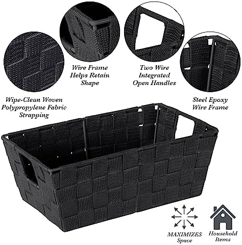 Simplify Small Shelf Woven Strap Tote | Decorative Storage Basket | Built in Handles | Organization | Closet | Bedroom | Bathroom | Nursery | Accessories | Toys | Gifts | 4 Pack | Black