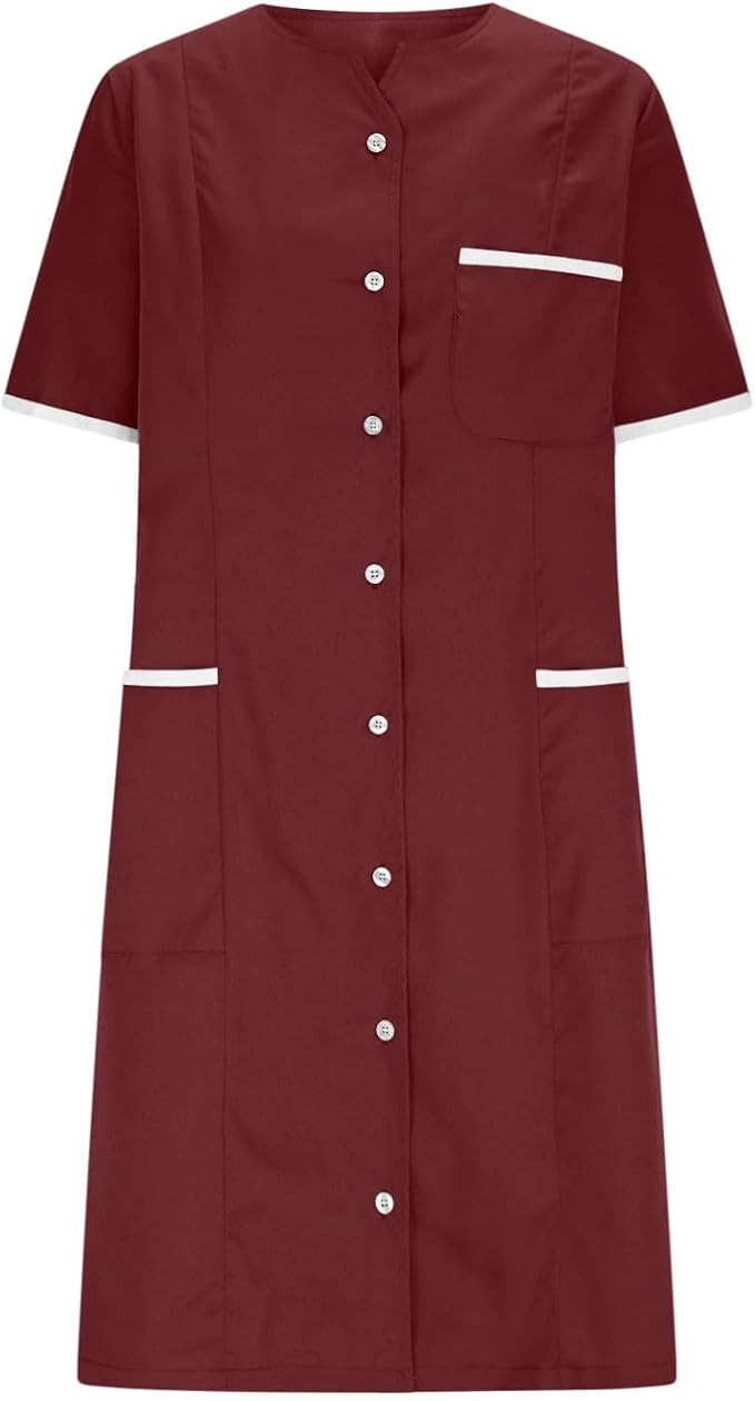Scrubs Dress for Women - Button Front Nursing Workwear - Casual Housekeeping Dresses with Pockets