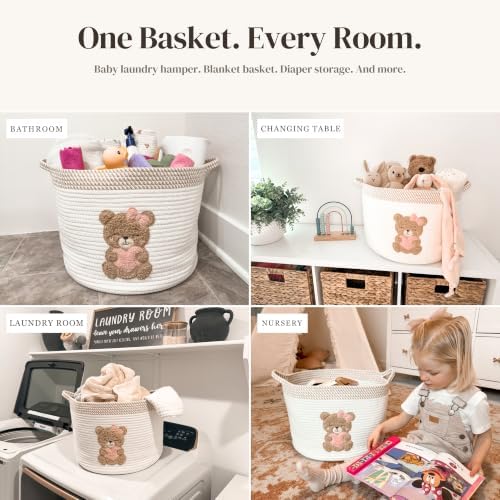 Pink Teddy Bear Baby Storage Basket, Cotton Rope Nursery Bin, 15x11 in | Stuffed Animal and Blanket Storage, Embroidered Bear Patch, Baby Girl Room Decor, Gift, Kids Playroom Organizer