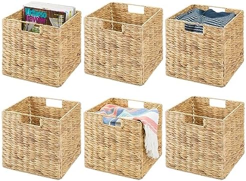 mDesign Natural Woven Hyacinth Cube Organizer Basket with Handles, Storage for Bathroom, Laundry Room Shelf or Nursery - Perfect for Cubby Storage Units - Hold Blankets and Books - 6 Pack, Natural/Tan