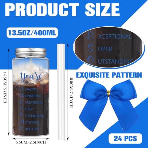 Skylety 24 Pcs Blue Employee Appreciation Gifts Bulk Thank You Cups | Housekeeping Appreciation Week Gift Cups with Lid Straw for Coworker, 13.5 oz, Plastic, Awesome Tumblers for Customer Service