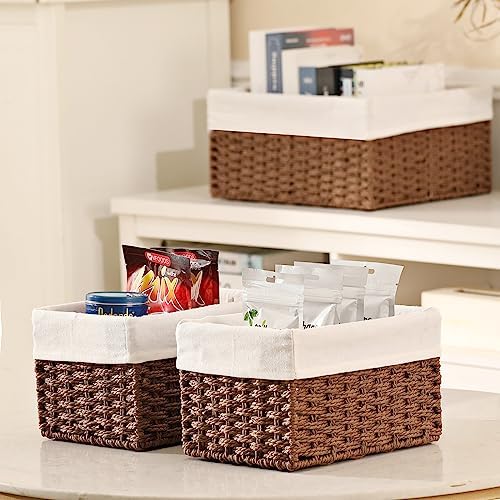 Vagusicc Wicker Basket, Set of 3 Hand-woven Storage Baskets for Organizing, Decorative Rectangle Wicker Storage Basket Bins with Handles, Small Toilet Paper Storage Baskets for Shelves & Decor, Brown