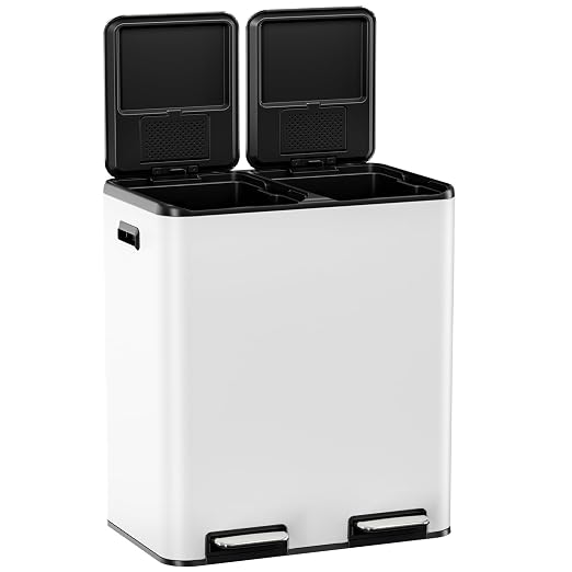 TLSUNNY 2 X 8 Gallon Double Compartments Kitchen Trash Can, Stainless Steel | Dual Trash and Recycling Bins with Odor Control, Soft-Close Lid, Removable Inner Bucket, Handle, Pedal, for Home, White