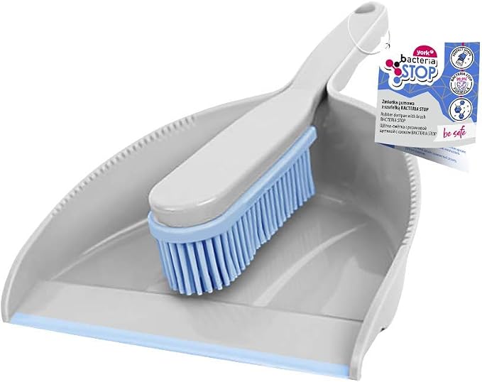 York Hand Brush and Shovel for Cleaning - Rubber Bristles Dustpan Set for Dirt, Hair and Dust Rubber Broom Sweeping Set (30 x 20 x 6) by York, Grey Blue | Antibacterial Dustpan with Rubber Lip and Hanger for Household and Kitchen, Grey/Blue