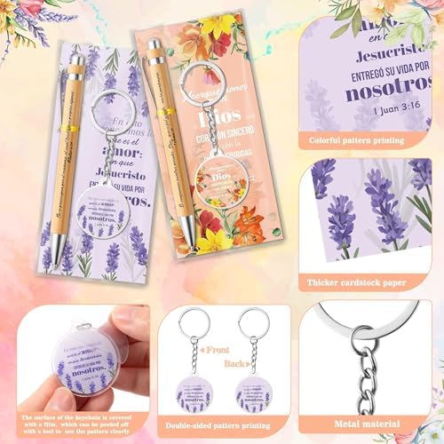 ANGOLIO Spanish Christian Religious Gifts - Back to School Gift 230P Colorful Flower Regalos Cristianos En Español Bible Verse Bamboo Pen Keychain Bookmark Stationary for Women Men VBS Church Supplies
