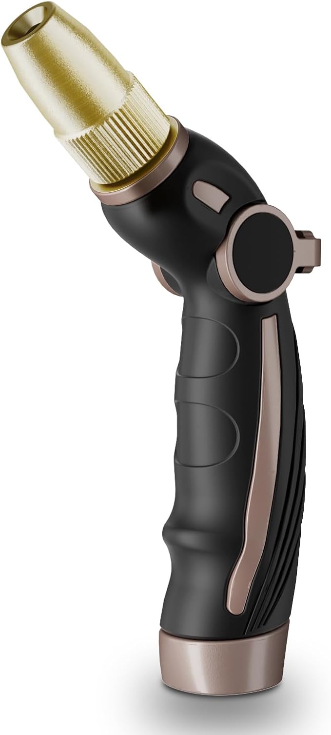 RESTMO Garden Hose Nozzle, Heavy Duty Water Hose Sprayer Nozzle, Brown | Brass Head, Thumb Control, Adjustable 4 Spray Patterns, Leak-proof, Metal Hose Nozzle for Outdoor Lawn & Plant & Car