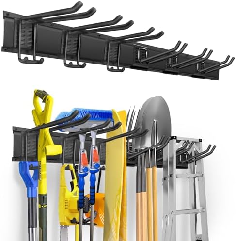 Garage Tool Organizer Wall Mount, Heavy Duty 48 Inch Garage Storage System with Adjustable Hooks, Garden Tool Rack for Shovel Rake Broom Snowboard Shed Organization