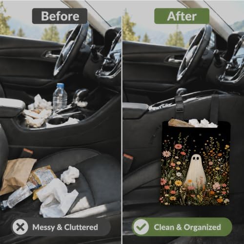 Halloween Ghost Wildflower Car Garbage Bag Canvas Trash Can | Cottagecore Floral Halloween Drawstring Car Trash Bag Hanging for Back Seat with Adjustable Buckle