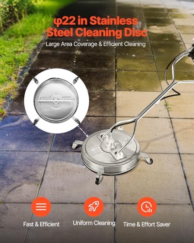 VEVOR 22" Pressure Washer Surface Cleaner, Stainless Steel Pressure Washer Attachments with 4 Wheels, 4500 Max PSI, 3/8 Quick Connector, 2 Spray Nozzles, Dual Handle, for Concrete, Patio, Sidewalk