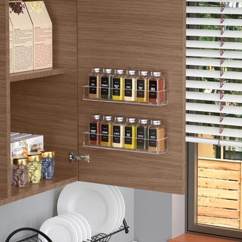 PMMASTO 2-Pack Clear Acrylic Self-Adhesive Spice Racks with 12 Empty Jars | Self-adhesive or Screw Mounting, 238 Spice Labels, Chalk Marker and Funnel, for Kitchen,Pantry Door And Bathroom Storage