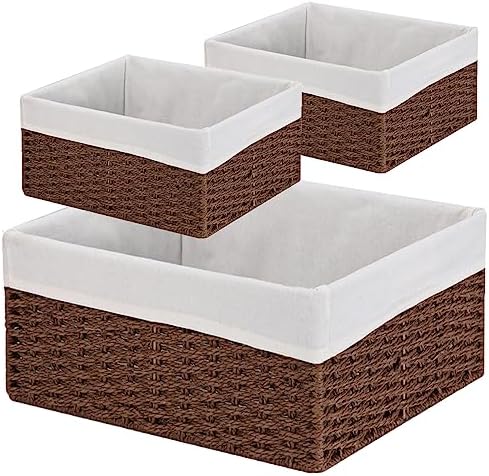 Vagusicc Wicker Basket, Set of 3 Hand-woven Storage Baskets for Organizing, Decorative Rectangle Wicker Storage Basket Bins with Handles, Small Toilet Paper Storage Baskets for Shelves & Decor, Brown