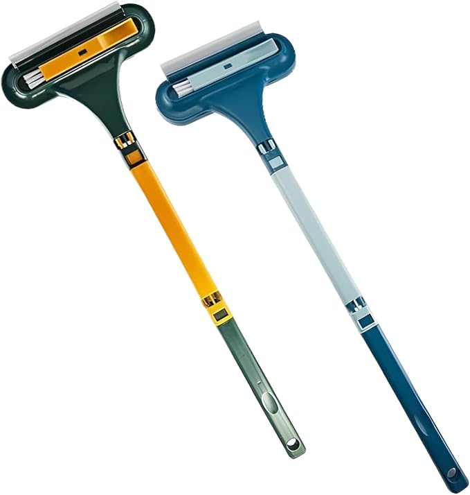 3-in-1 Window Screen Cleaning Brush with Squeegee, Mesh Screen Cleaner Tool with Detachable Handle, Dual-Purpose Wet & Dry Scrubber for Window, Patio, Door Screens (2 Pack – Lime Green + Blue)