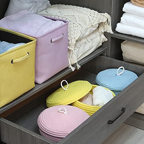 Sea Team Round Woven Cotton Rope Storage Basket with Lid, Pink | Lidded Knitted Decorative Storage Bin, Pot, Caddy, Organizer, Container for Snacks, Towels, Plants, 10 x 4.5 Inches