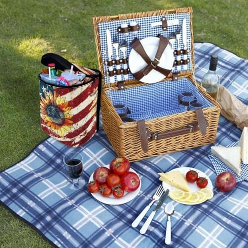 Sunflower American Flag Print Car Trash Can with Lid Car Accessories for Men Women Trash Bin Hanging Back of Seat Collapsible Leak Proof Multipurpose Vehicle Garbage Can