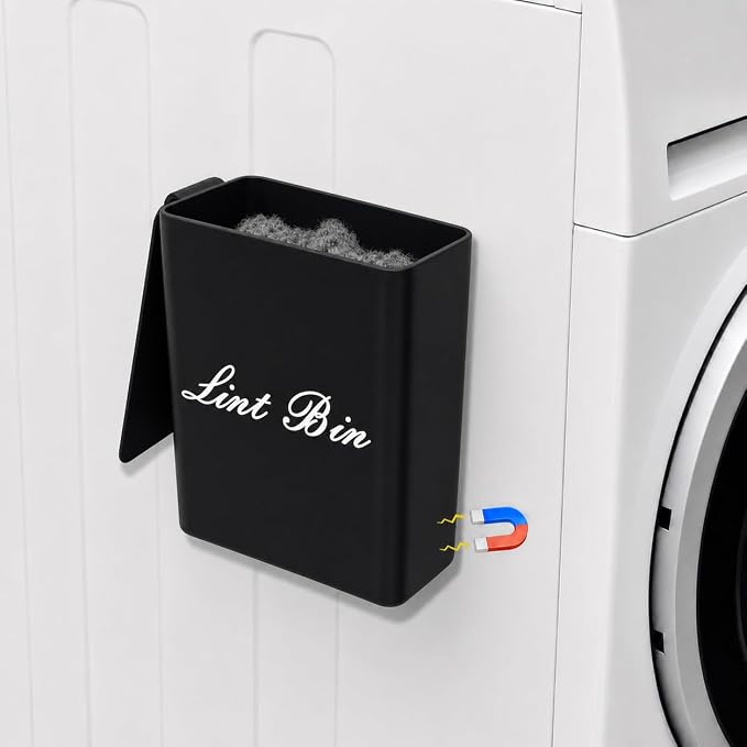 Artilife Magnetic Plastic Black Lint Bin with Lid for Laundry Room, 6 X 5 Inch Compact Wall Mount Lint Holder for Dryer, Small Black ABS Trash Can for Dryer Lint and Sheets