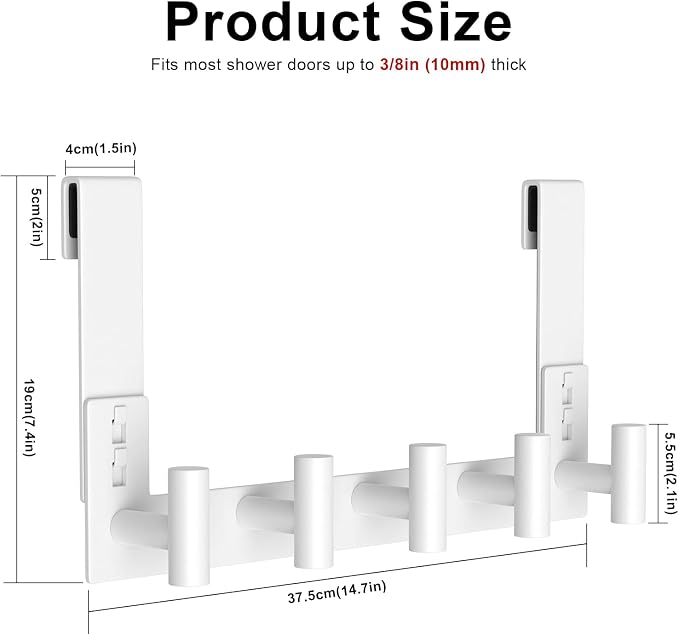 PMMASTO White Extra-Long Shower Door Hanger, 5 T-Hooks, Fits 3/8-Inch Glass | Extra-Long Heavy-Duty Stainless Steel, 5 T-Shaped Hooks, for Bathrobes and Towels on Frameless Glass Shower Doors