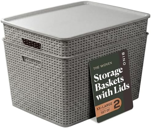 BINO | Plastic Storage Baskets with Lids, 45 Liter - 3 Pack, Natural Grey | THE WOVEN COLLECTION | Storage Basket for Shelves | Woven Storage Baskets for Organizing Bins | Pantry Shelf Organizer Bin
