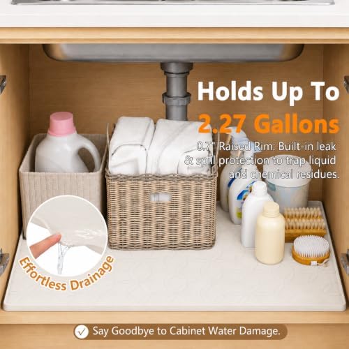 34"x22" Waterproof Silicone Under Sink Mat Drip Tray(Cream Brown) | Non-Slip Silicone Sink Liner & Drip Tray with Raised Edges, Versatile Floor & Cabinet Protector for Pets & Utility Area